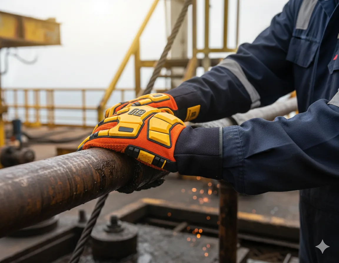 Worker wearing Blauheit orange and yellow impact gloves gripping a steel pipe on an industrial site