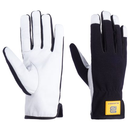 White leather-palmed assembly gloves with a black knit back, black trim, and a BLAUHEIT logo patch on the wrist, shown on a white background.