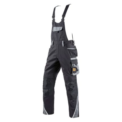 Black and gray bib-and-brace work trousers with multiple cargo pockets, adjustable straps, and reflective trim near the bottom, shown on a white background.