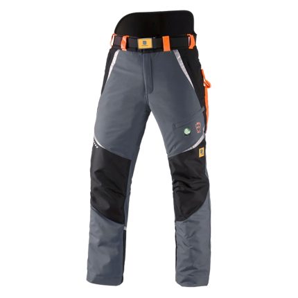 Gray and black protective chainsaw trousers with an orange belt, high back panel, and reinforced black knee and shin areas, shown on a white background.