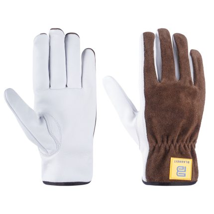 White cow grain leather rigger gloves with a brown suede back, smooth white palm, gathered wrist, and a BLAUHEIT logo patch, shown on a white background.