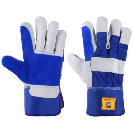 Blue and gray leather rigger gloves with a double-palm construction, blue canvas cuff, and a BLAUHEIT brand label, shown on a white background.