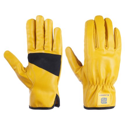 Bright yellow leather gloves with a black diagonal accent stripe on the back of the hand and a BLAUHEIT logo on the wrist, shown on a white background.