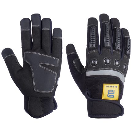 Black heavy-duty work gloves with reinforced back-of-hand protection, reflective stripe, and an adjustable wrist strap, shown on a white background.