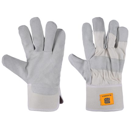 Gray leather-palmed work gloves with a canvas backing, wide cuff, and a BLAUWEIT logo patch on the back of the hand, shown on a white background.