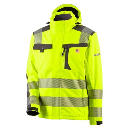 Black work trousers with neon yellow-green stitching and accents, multi-pocket design, reinforced knee panels, and an orange zipper pull, photographed on a white background.