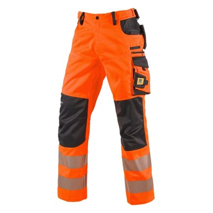 High-visibility orange work trousers with black knee and hip reinforcements, silver reflective stripes on the lower legs, and cargo-style pockets, displayed on a white background.