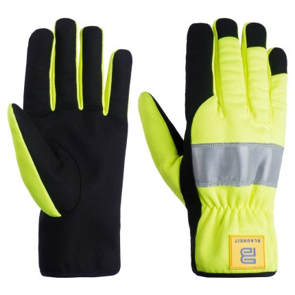 Black and neon yellow-green high-visibility winter gloves with a reflective stripe across the knuckles and black tactile fingertips, shown on a white background.