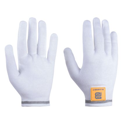 Pair of plain white lightweight interlock gloves with a gray wrist cuff and a BLAUHEIT logo tag on the right glove, shown on a white background.