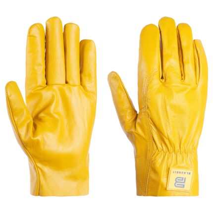 Bright yellow leather safety gloves, shown in a front and back view, with elastic gathering at the wrist and a BLAUHEIT brand label.