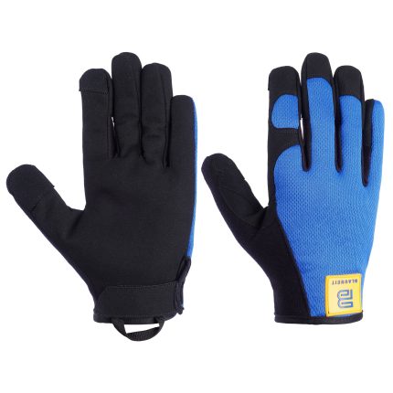 Pair of mechanic gloves with black palms, blue mesh backing, and reinforced fingertip panels