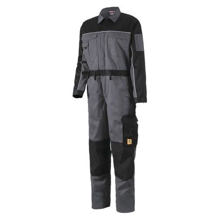 Black work trousers with neon yellow-green stitching and accents, multi-pocket design, reinforced knee panels, and an orange zipper pull, photographed on a white background.