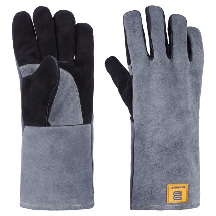 Pair of grey and black split-leather metalwork gloves with reinforced palms and long protective cuffs.