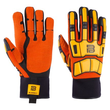High-impact orange and yellow gloves with textured palm grips and heavy rubber reinforcements on the back of the hand, designed for the oil and gas industry, shown on a white background.