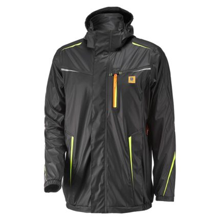 Black waterproof rain jacket with hood, neon yellow-green trim, reflective accents, a high collar, and an orange chest zipper pull, shown on a white background.