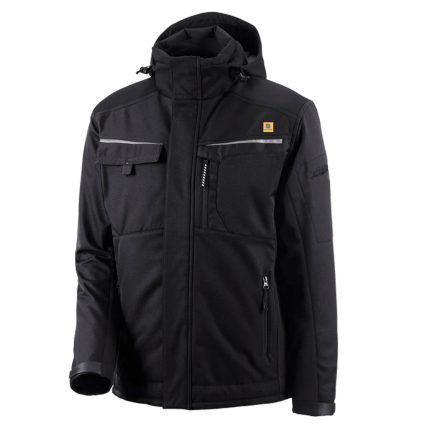 Black hooded soft-shell work jacket with a full zip, multiple cargo and zippered pockets, reflective accents, and the BLAUWEIT logo, shown on a white background.