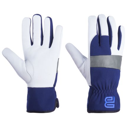 Pair of TIG/MIG work gloves with white leather palms, navy blue fabric backing, and a grey protective band.