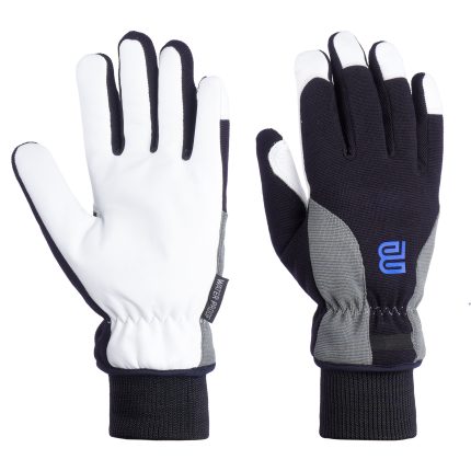 Pair of waterproof work gloves with white palms, black and grey backing, and knitted cuffs.