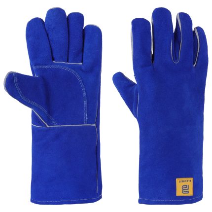 Pair of blue heavy-duty welding gloves with reinforced stitching and extended cuffs.