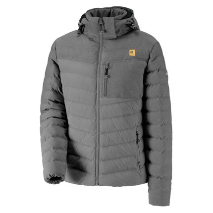 Gray hooded winter jacket with a quilted torso, zippered chest and side pockets, and BLAUWEIT branding, shown on a white background.