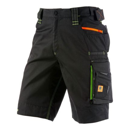 Black work shorts with neon orange and yellow-green details, multi-pocket design, and a contrasting side cargo pocket, displayed on a white background.