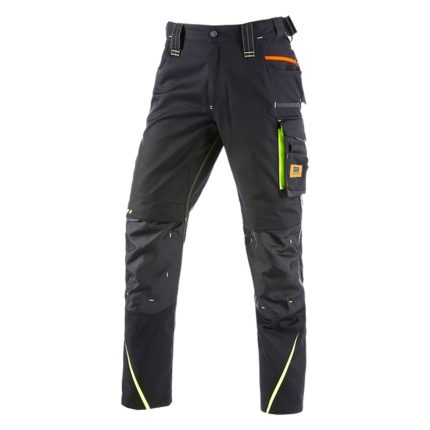 Black work trousers with neon yellow-green accents, multiple cargo pockets, and reinforced knee/shin panels, photographed on a white background.