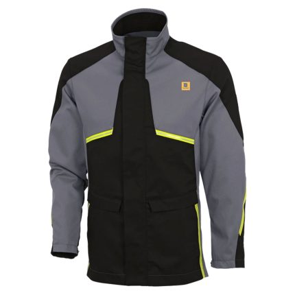Black and gray work jacket with a high collar, two front pockets, yellow-green reflective stripes, and BLAUWEIT logo on the chest, shown on a white background.