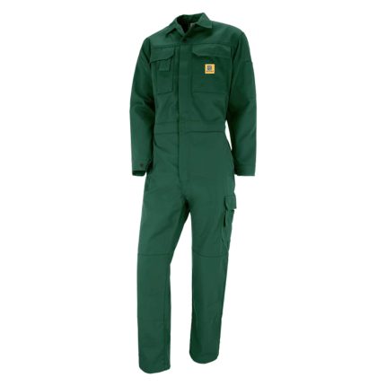 Solid green long-sleeved work overall with chest pockets, a collar, and a leg cargo pocket, shown on a white background.